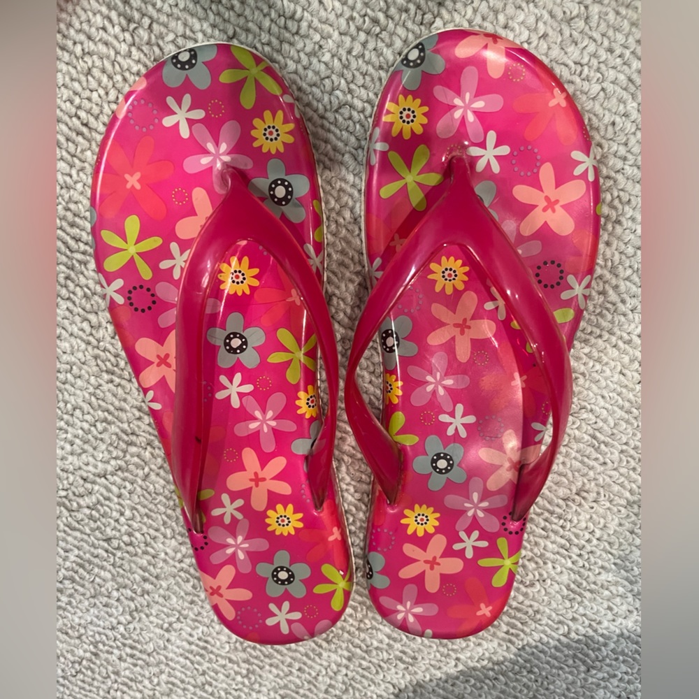 Floral Jelly Flip Flops Thong Sandals Flower Power Barbie Fuchsia Pink Retro 7 8